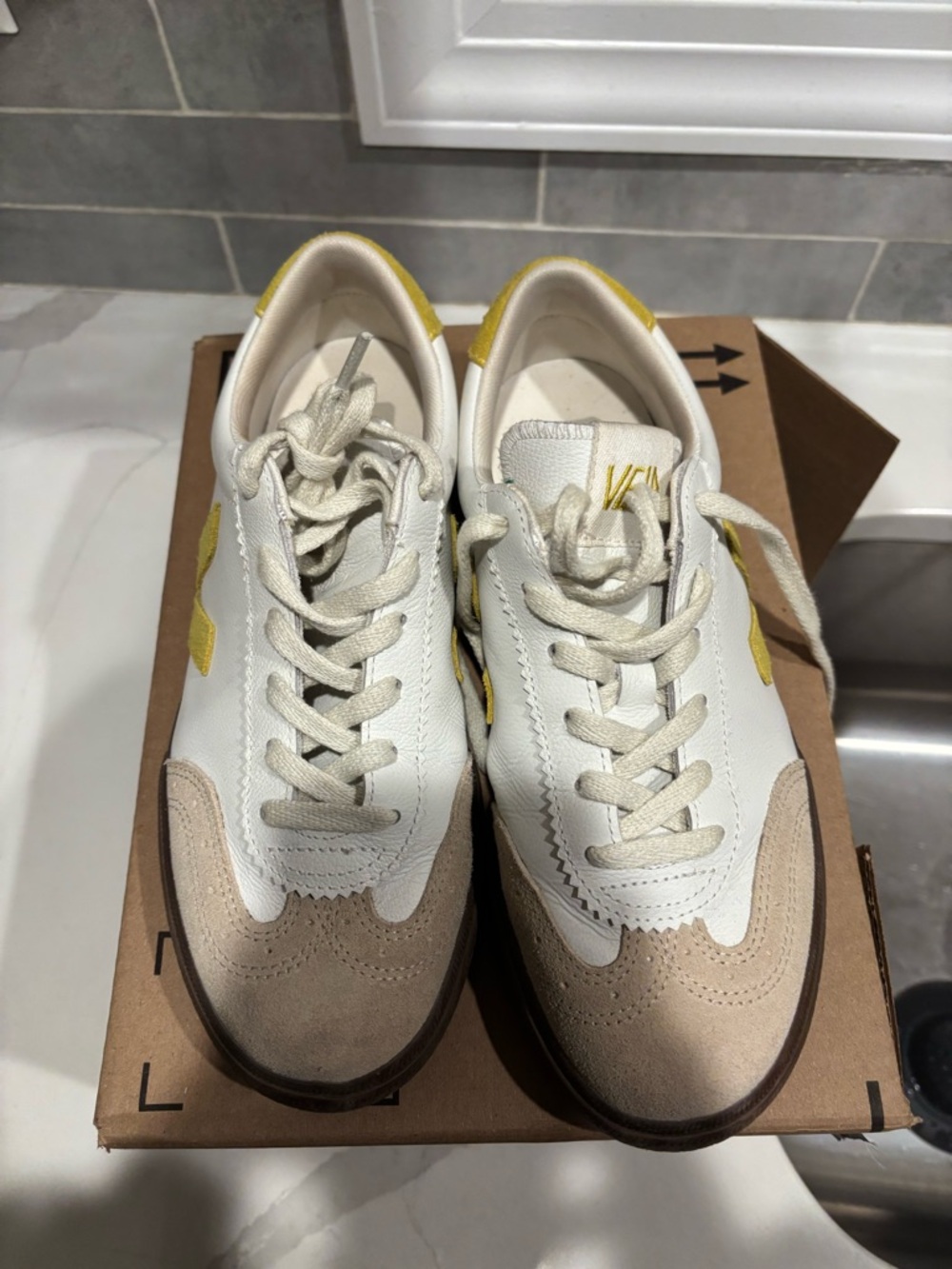 Veja Cream and Beige Sneakers with Yellow Heel Tab EURO 40